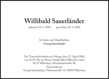 Traueranzeige von Willibald Sauerländer von Süddeutsche Zeitung