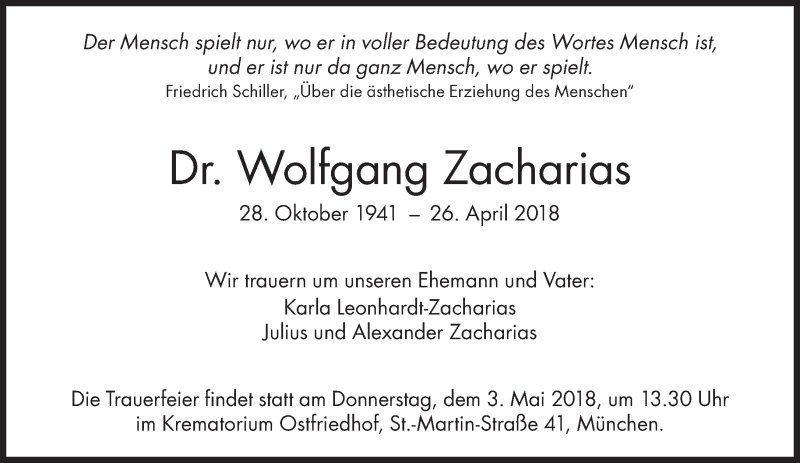  Traueranzeige für Wolfgang Zacharias vom 28.04.2018 aus Süddeutsche Zeitung