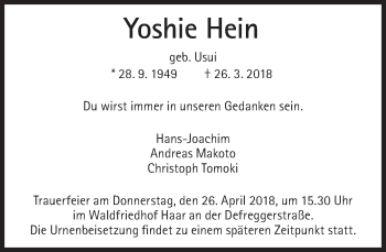 Traueranzeige von Yoshie Hein von Süddeutsche Zeitung