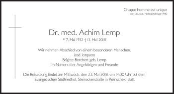 Traueranzeige von Achim Lemp von Süddeutsche Zeitung