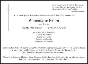 Traueranzeige von Annemarie Rehm von Süddeutsche Zeitung