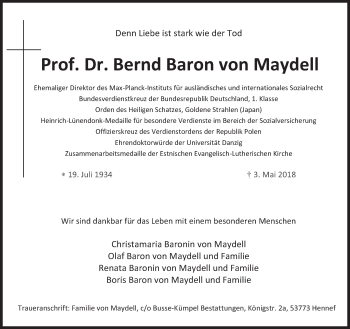Traueranzeige von Bernd Baron von Maydell von Süddeutsche Zeitung