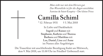 Traueranzeige von Camilla Schiml von Süddeutsche Zeitung