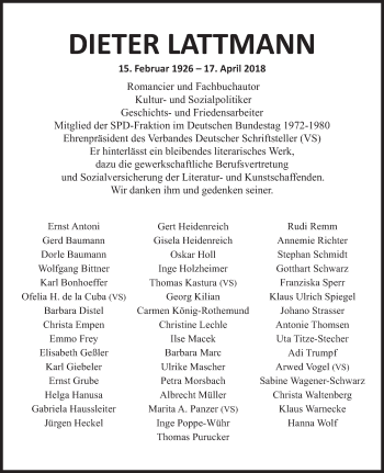 Traueranzeige von Dieter Lattmann von Süddeutsche Zeitung