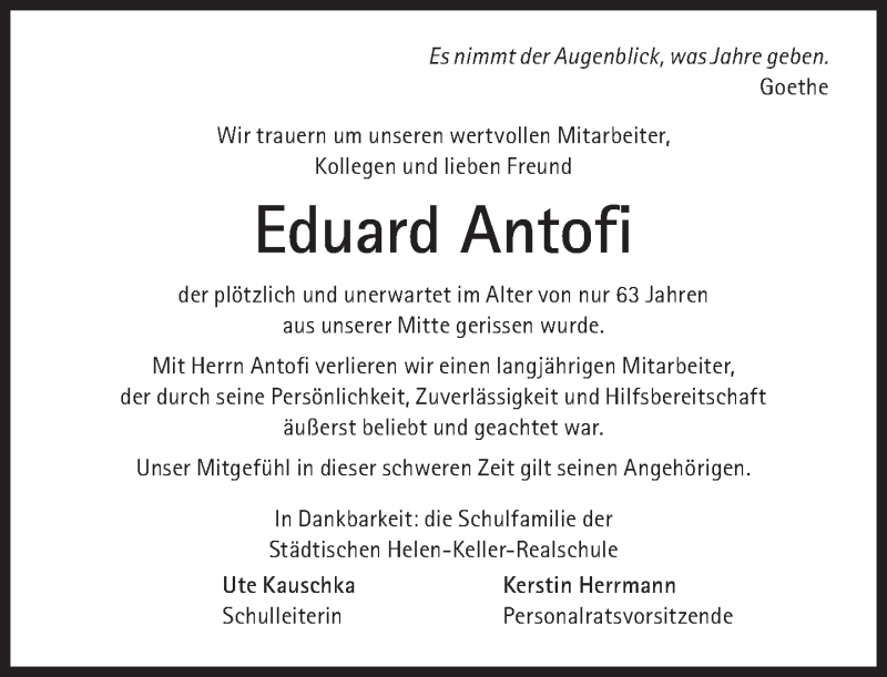  Traueranzeige für Eduard Antofi vom 05.05.2018 aus Süddeutsche Zeitung