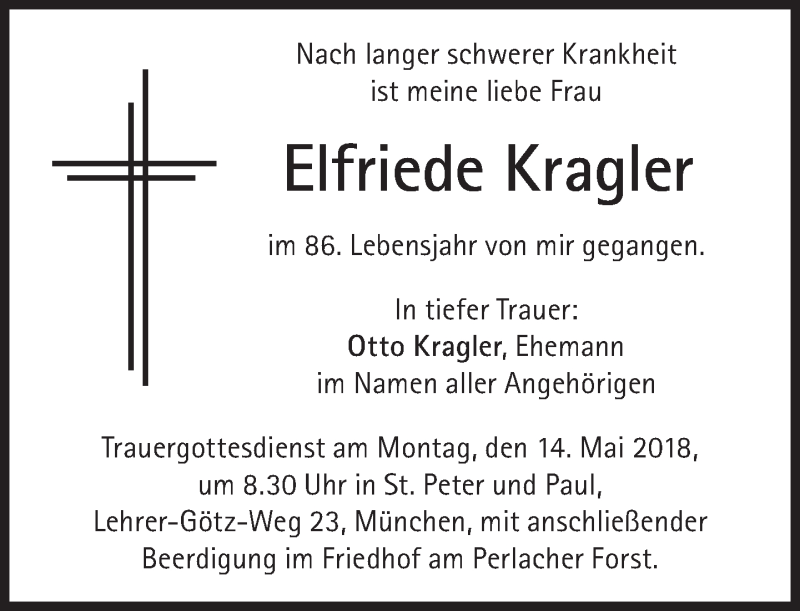  Traueranzeige für Elfriede Kragler vom 12.05.2018 aus Süddeutsche Zeitung