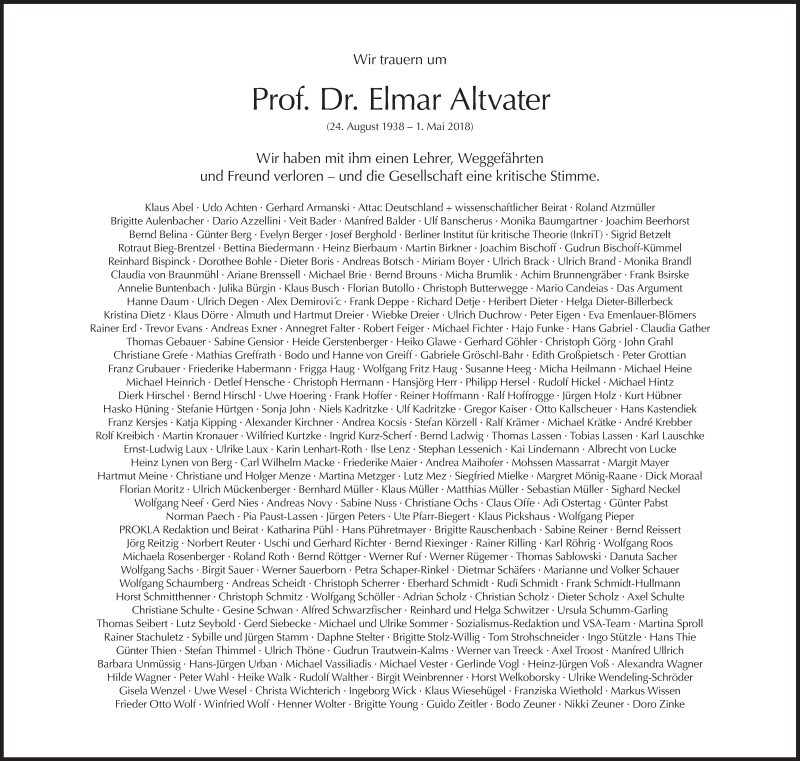  Traueranzeige für Elmar Altvater vom 09.05.2018 aus Süddeutsche Zeitung