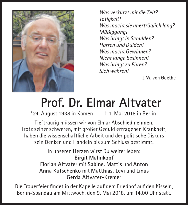  Traueranzeige für Elmar Altvater vom 05.05.2018 aus Süddeutsche Zeitung