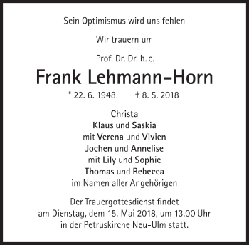 Traueranzeige von Frank Lehmann-Horn von Süddeutsche Zeitung
