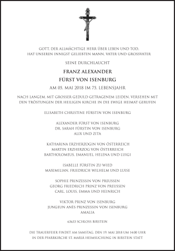 Traueranzeige von Franz Alexander Fürst von Isenburg von Süddeutsche Zeitung