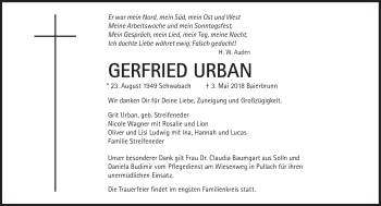 Traueranzeige von Gerfried Urban von Süddeutsche Zeitung