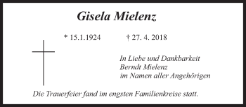 Traueranzeige von Gisela Mielenz von Süddeutsche Zeitung