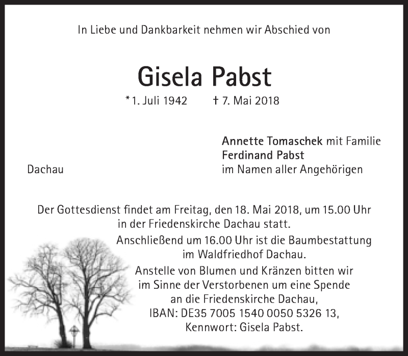  Traueranzeige für Gisela Pabst vom 12.05.2018 aus Süddeutsche Zeitung