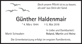Traueranzeige von Günther Haldenmair von Süddeutsche Zeitung