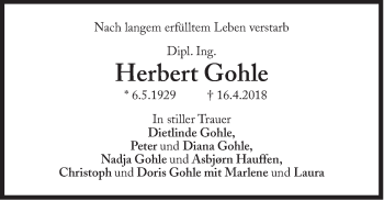 Traueranzeige von Herbert Gohle von Süddeutsche Zeitung