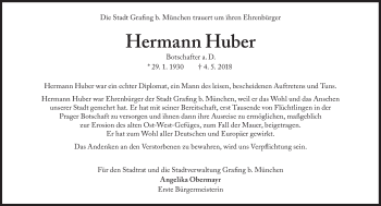 Traueranzeige von Hermann Huber von Süddeutsche Zeitung