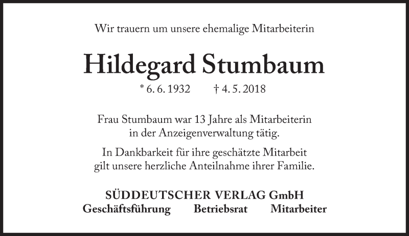  Traueranzeige für Hildegard Stumbaum vom 11.05.2018 aus Süddeutsche Zeitung