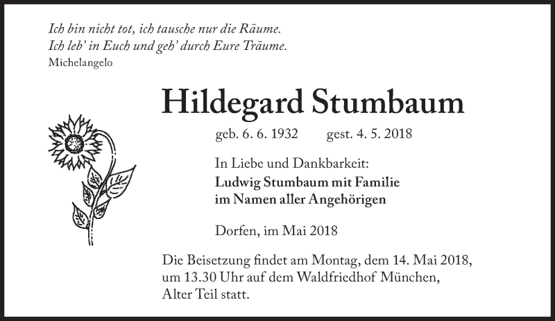  Traueranzeige für Hildegard Stumbaum vom 11.05.2018 aus Süddeutsche Zeitung