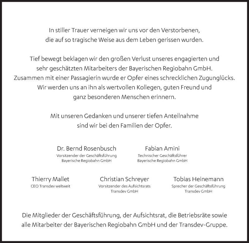  Traueranzeige für Opfer Zugunglück vom 12.05.2018 aus Süddeutsche Zeitung