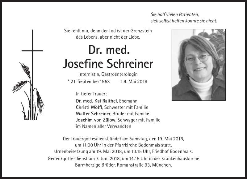  Traueranzeige für Josefine Schreiner vom 12.05.2018 aus Süddeutsche Zeitung