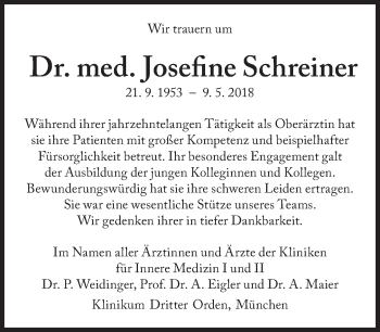 Traueranzeige von Josefine Schreiner von Süddeutsche Zeitung