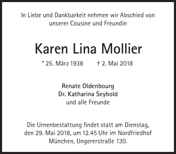 Traueranzeige von Karen Lina Mollier von Süddeutsche Zeitung