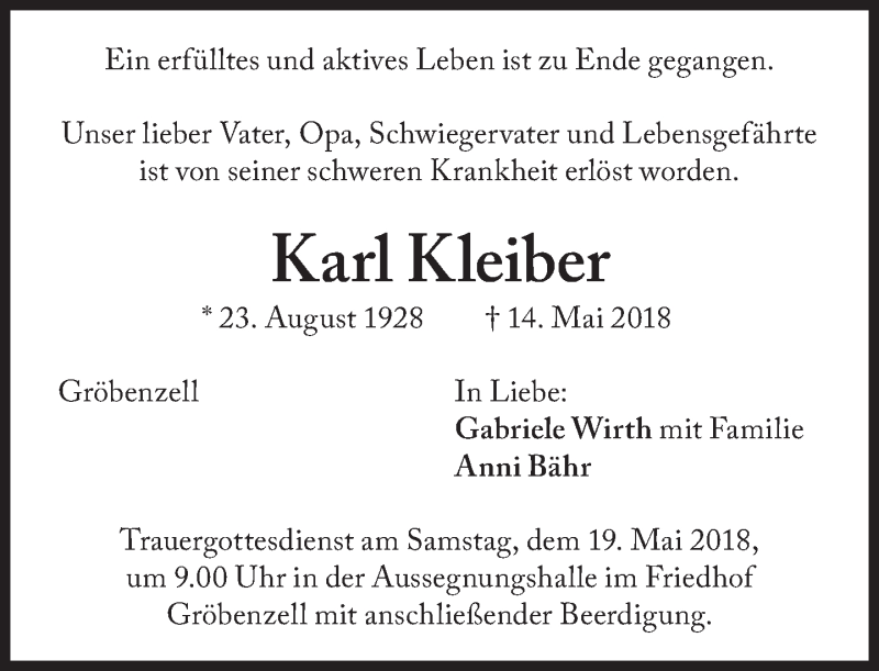  Traueranzeige für Karl Kleiber vom 17.05.2018 aus Süddeutsche Zeitung