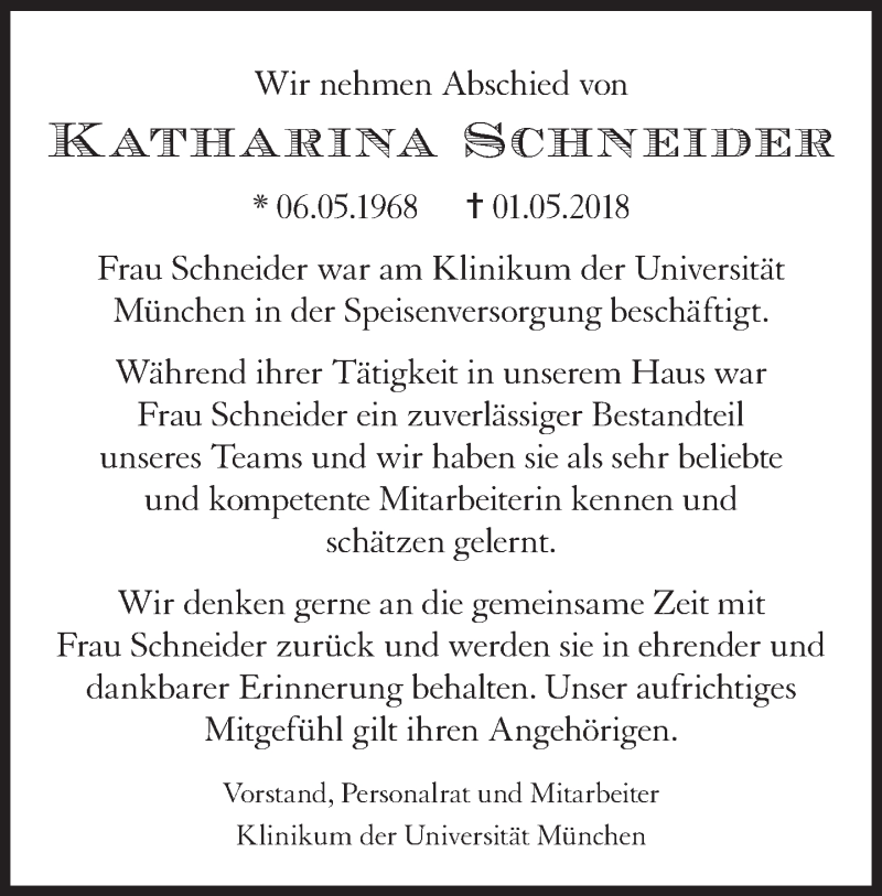  Traueranzeige für Katharina Schneider vom 11.05.2018 aus Süddeutsche Zeitung