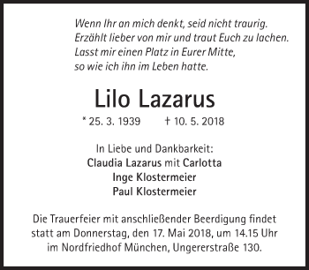 Traueranzeige von Lilo Lazarus von Süddeutsche Zeitung