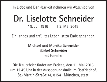Traueranzeige von Liselotte Schneider von Süddeutsche Zeitung