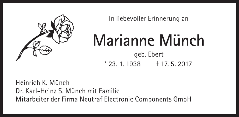  Traueranzeige für Marianne Münch vom 17.05.2018 aus Süddeutsche Zeitung