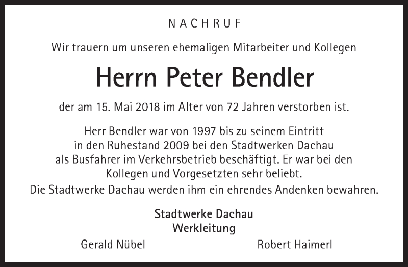 Traueranzeige für Peter Bendler vom 19.05.2018 aus Süddeutsche Zeitung