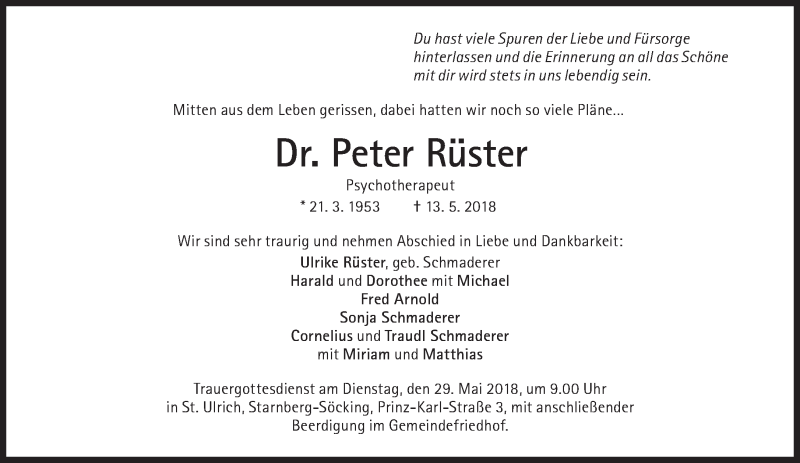  Traueranzeige für Peter Rüster vom 19.05.2018 aus Süddeutsche Zeitung