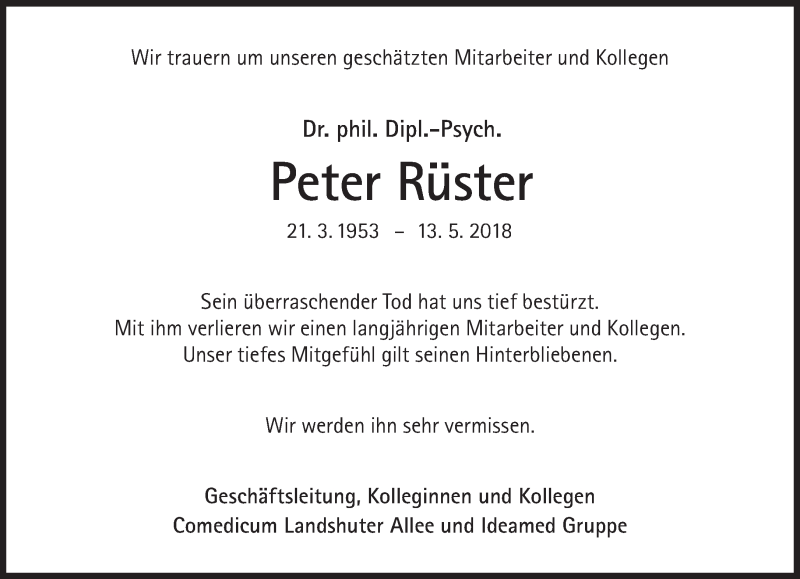  Traueranzeige für Peter Rüster vom 19.05.2018 aus Süddeutsche Zeitung