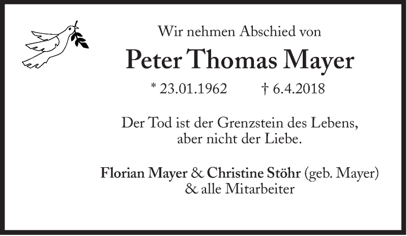 Traueranzeige für Peter Thomas Mayer vom 08.05.2018 aus Süddeutsche Zeitung