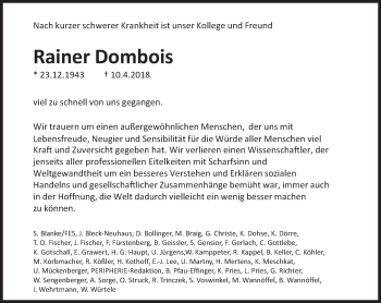 Traueranzeige von Rainer Dombois von Süddeutsche Zeitung