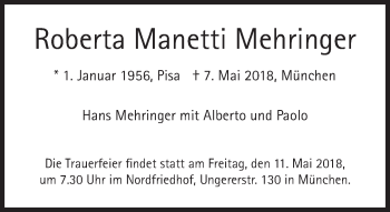 Traueranzeige von Roberta  Manetti Mehringer von Süddeutsche Zeitung