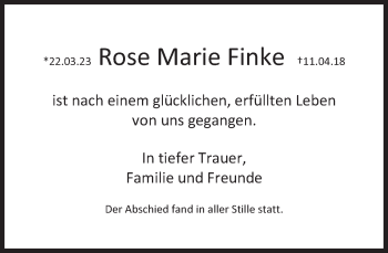Traueranzeige von Rose Marie Finke von Süddeutsche Zeitung