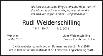 Traueranzeige von Rudi Weidenschilling von Süddeutsche Zeitung