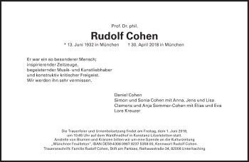 Traueranzeige von Rudolf Cohen von Süddeutsche Zeitung