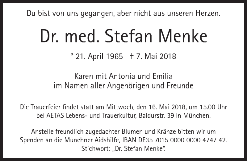  Traueranzeige für Stefan Menke vom 12.05.2018 aus Süddeutsche Zeitung
