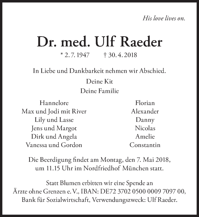  Traueranzeige für Ulf Raeder vom 05.05.2018 aus Süddeutsche Zeitung