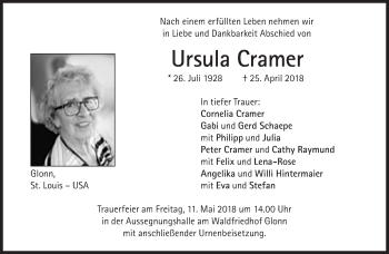 Traueranzeige von Ursula Cramer von Süddeutsche Zeitung