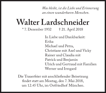 Traueranzeige von Walter Lardschneider von Süddeutsche Zeitung