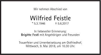 Traueranzeige von Wilfried Feistle von Süddeutsche Zeitung