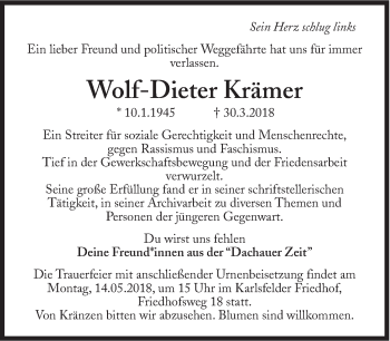 Traueranzeige von Wolf-Dieter Krämer von Süddeutsche Zeitung