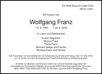 Traueranzeige von Wolfgang Franz von Süddeutsche Zeitung