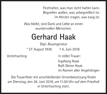 Traueranzeige von Gerhard Haak von Süddeutsche Zeitung 