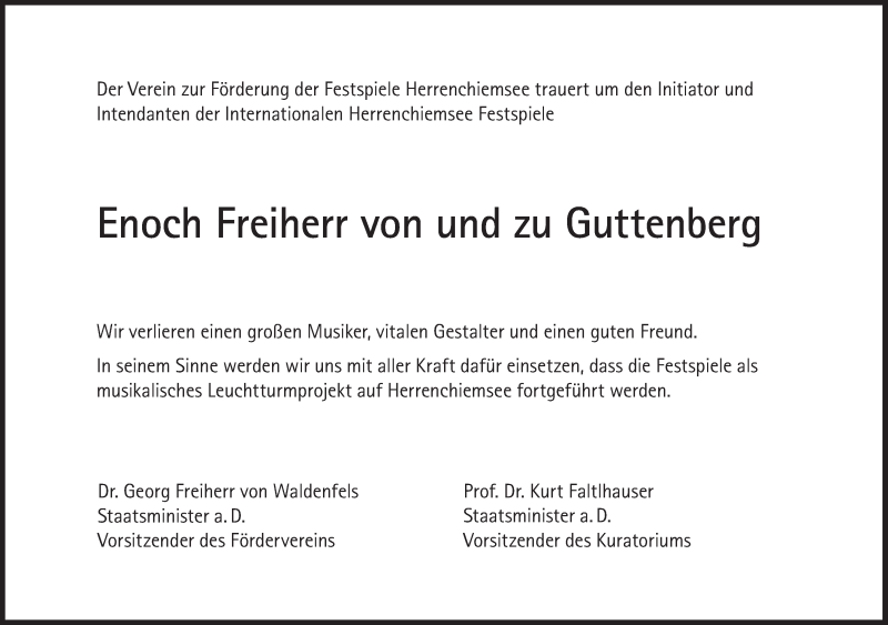  Traueranzeige für Enoch Freiherr von und zu Guttenberg vom 20.06.2018 aus 