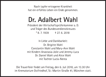 Traueranzeige von Adalbert Wahl von Süddeutsche Zeitung